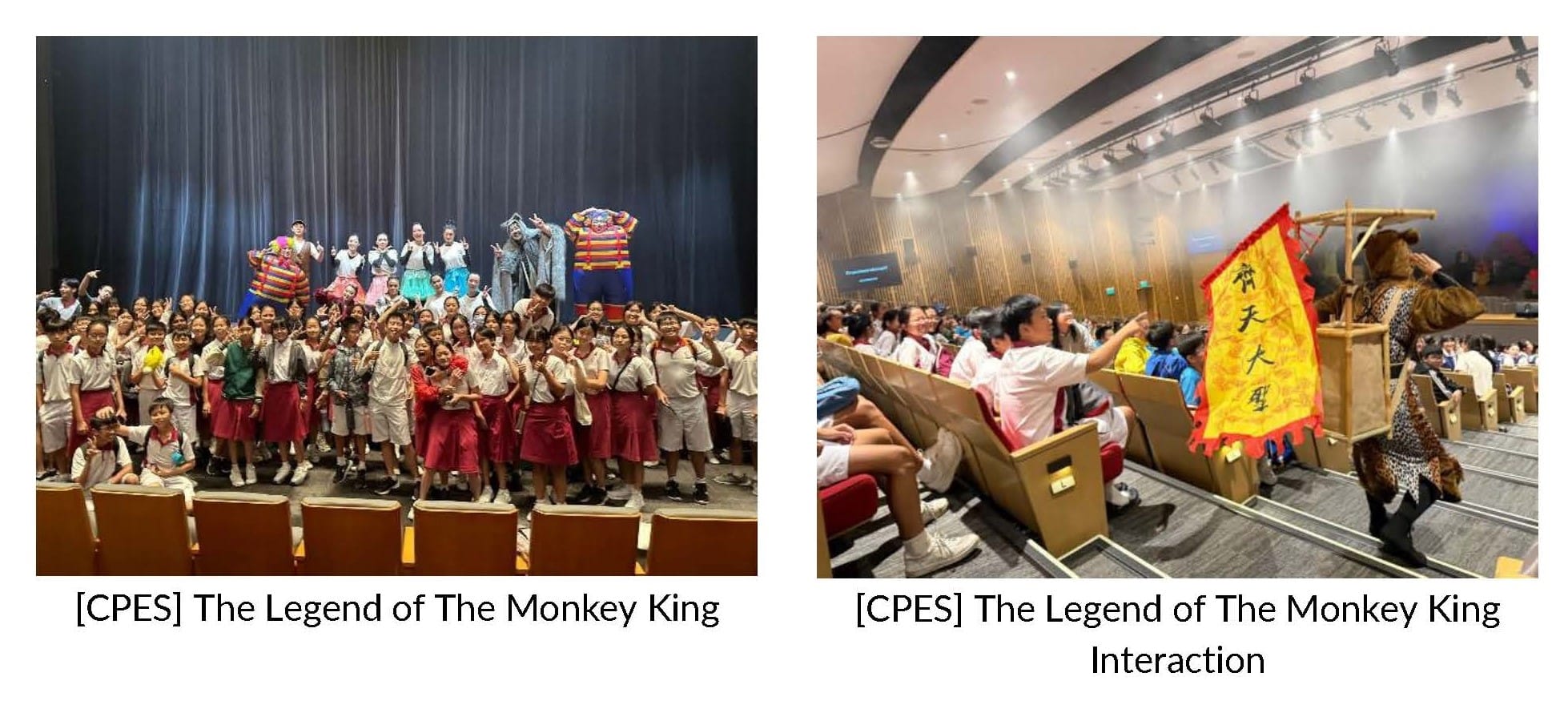 Students pose with costumed performers on stage and interact with a Monkey King character holding a Chinese flag in an auditorium.