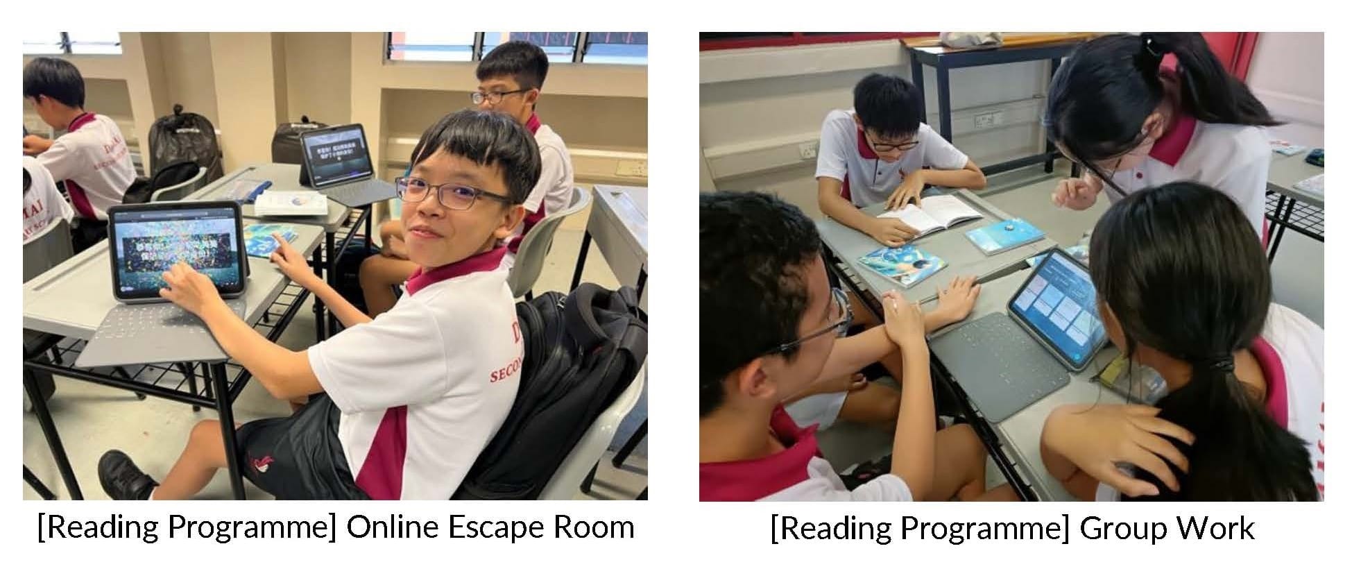 Students in school uniforms use tablets at desks for an Online Escape Room and Group Work reading programme.