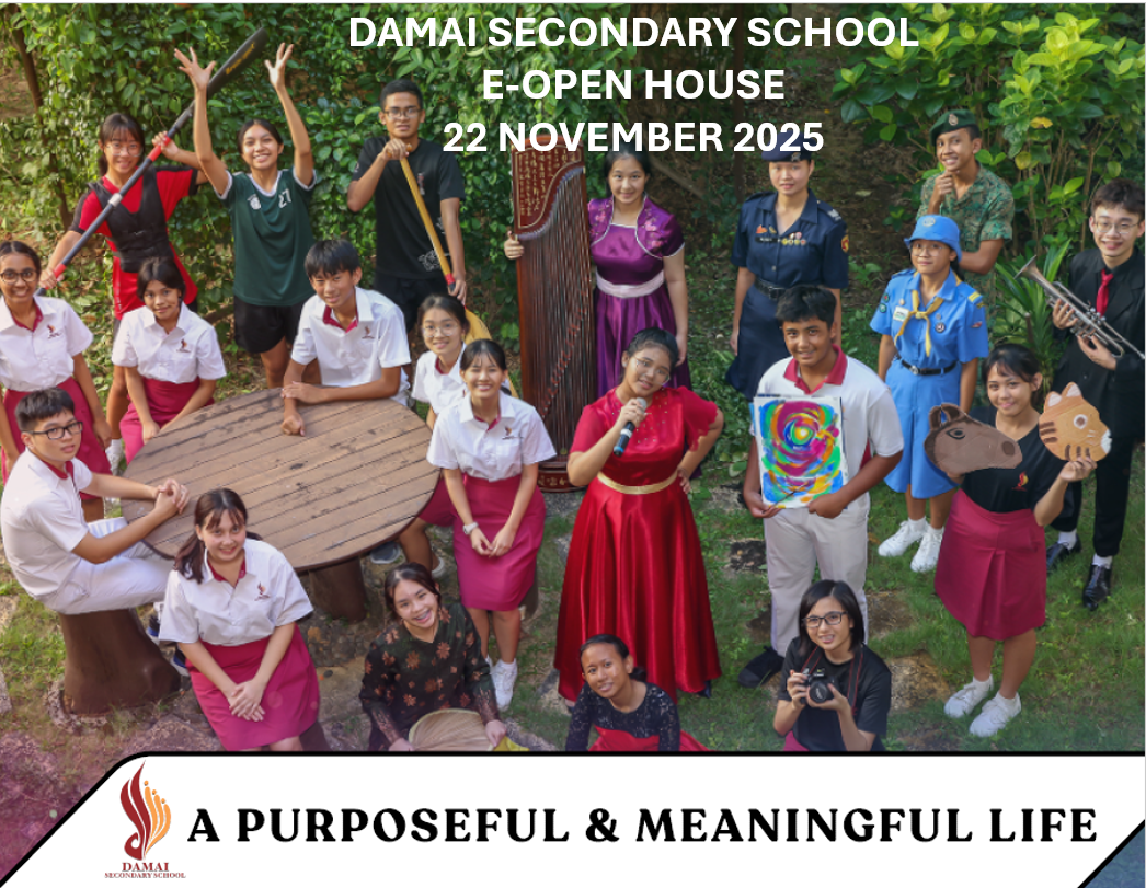 Damai Secondary School E-Open House poster showing students in uniforms holding instruments, artwork, and props outdoors.