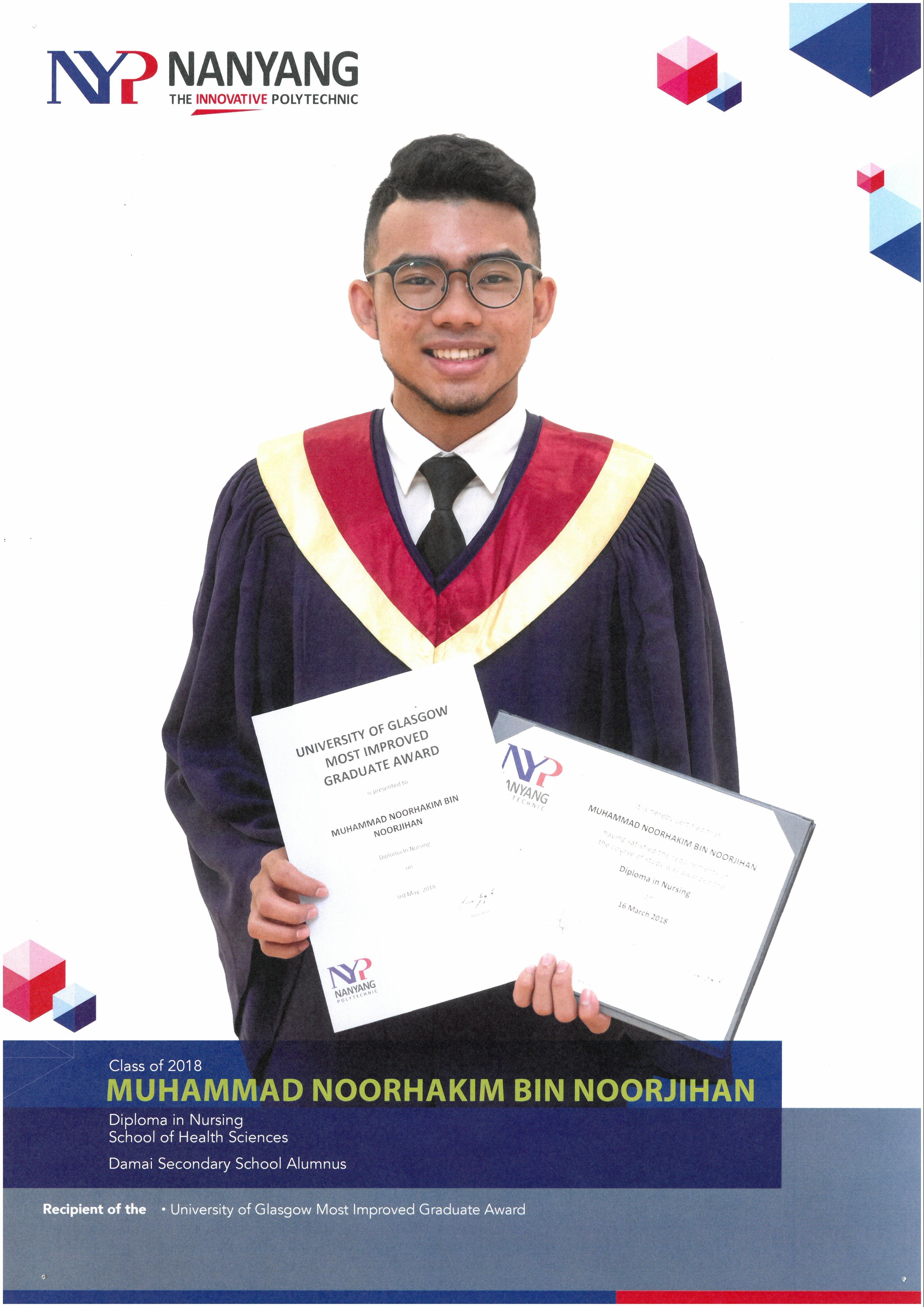 Young man in graduation gown holding two certificates, recognized by Nanyang Polytechnic Class of 2018 for Nursing.