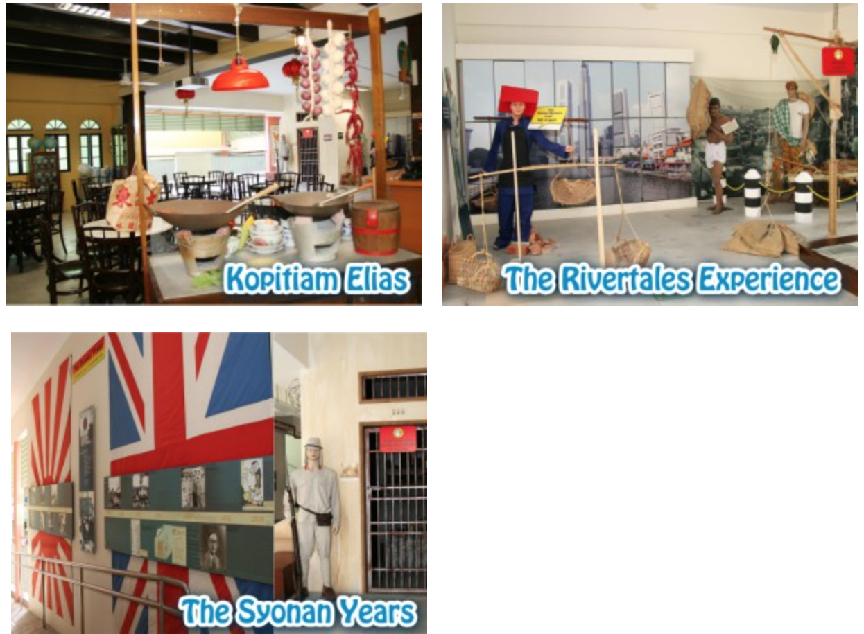 Three museum exhibits: Kopitiam Elias cafe, The Rivertales Experience with figures, and The Syonan Years with flags.