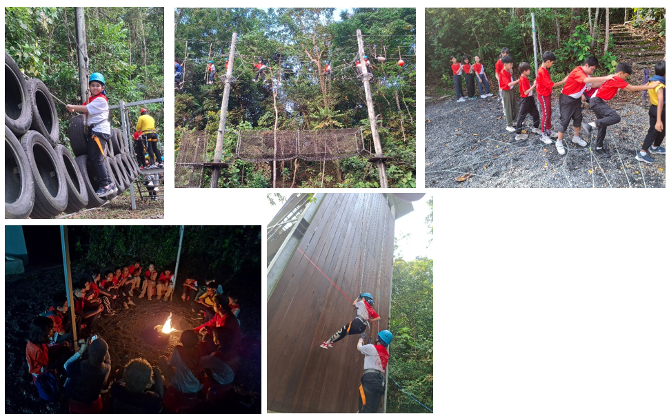 Five photos of students doing outdoor camp activities: tire climbing, high ropes, team challenge, campfire, and wall climbing.