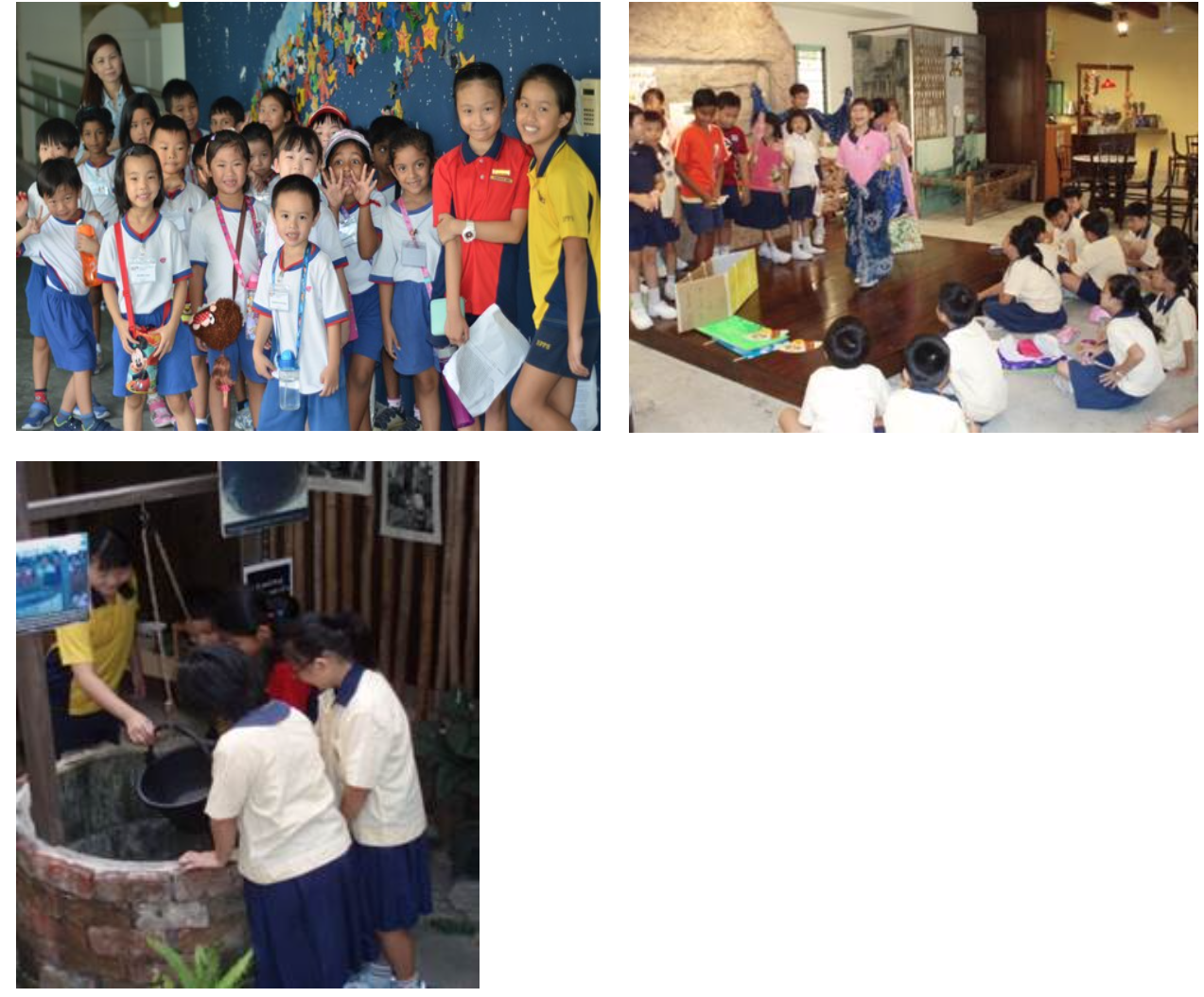 Three photos of uniformed schoolchildren on a field trip, posing, attending a talk, and exploring a well.