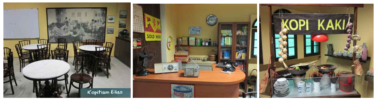 Three panels showing a retro Kopitiam Elias cafe display with vintage furniture, old radio, signs, and a Kopi Kaki stall setup.