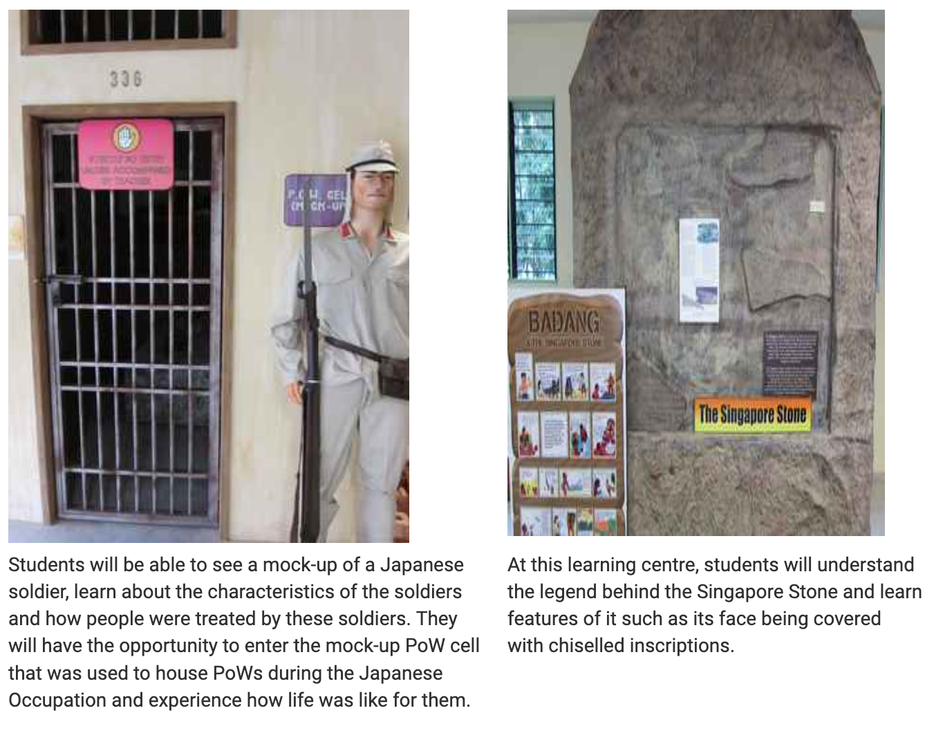 A mannequin of a Japanese soldier beside a barred cell door, and a large ancient Singapore Stone with informational signs.