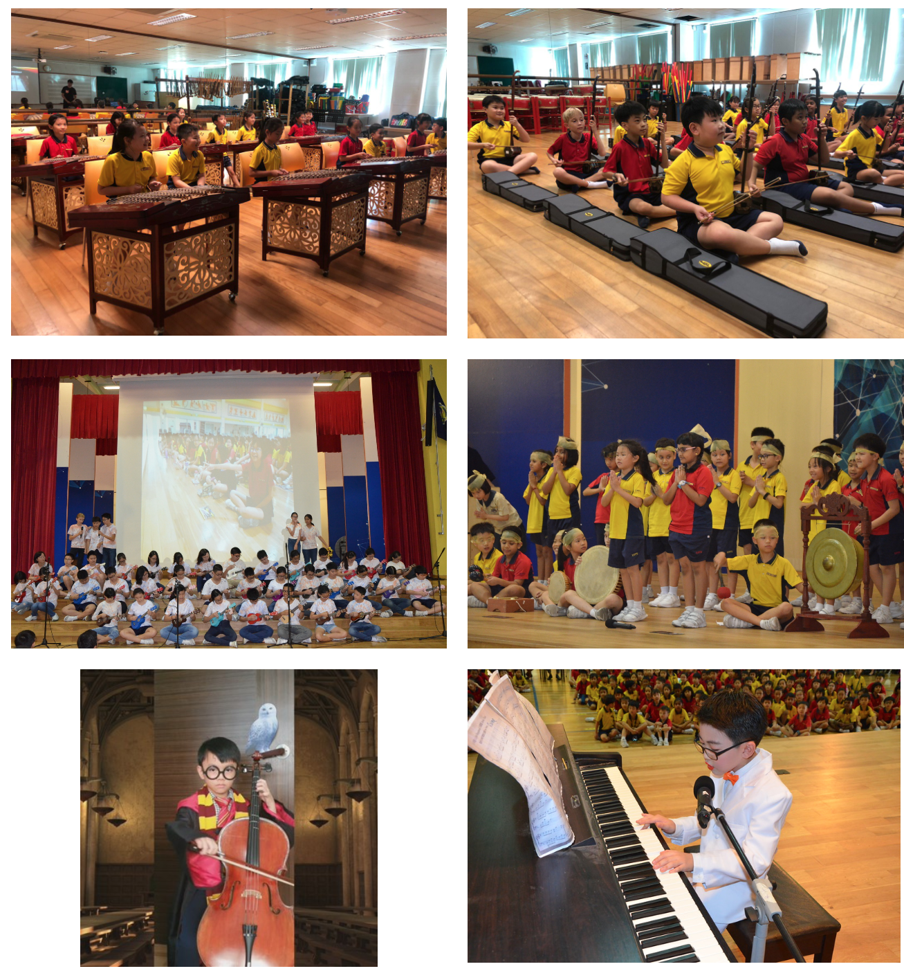 Six photos of children in red and yellow uniforms playing various instruments including xylophones, ukuleles, cello, and piano.