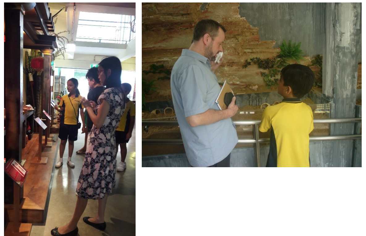 Two museum scenes: adults with children in yellow uniforms exploring exhibits indoors.