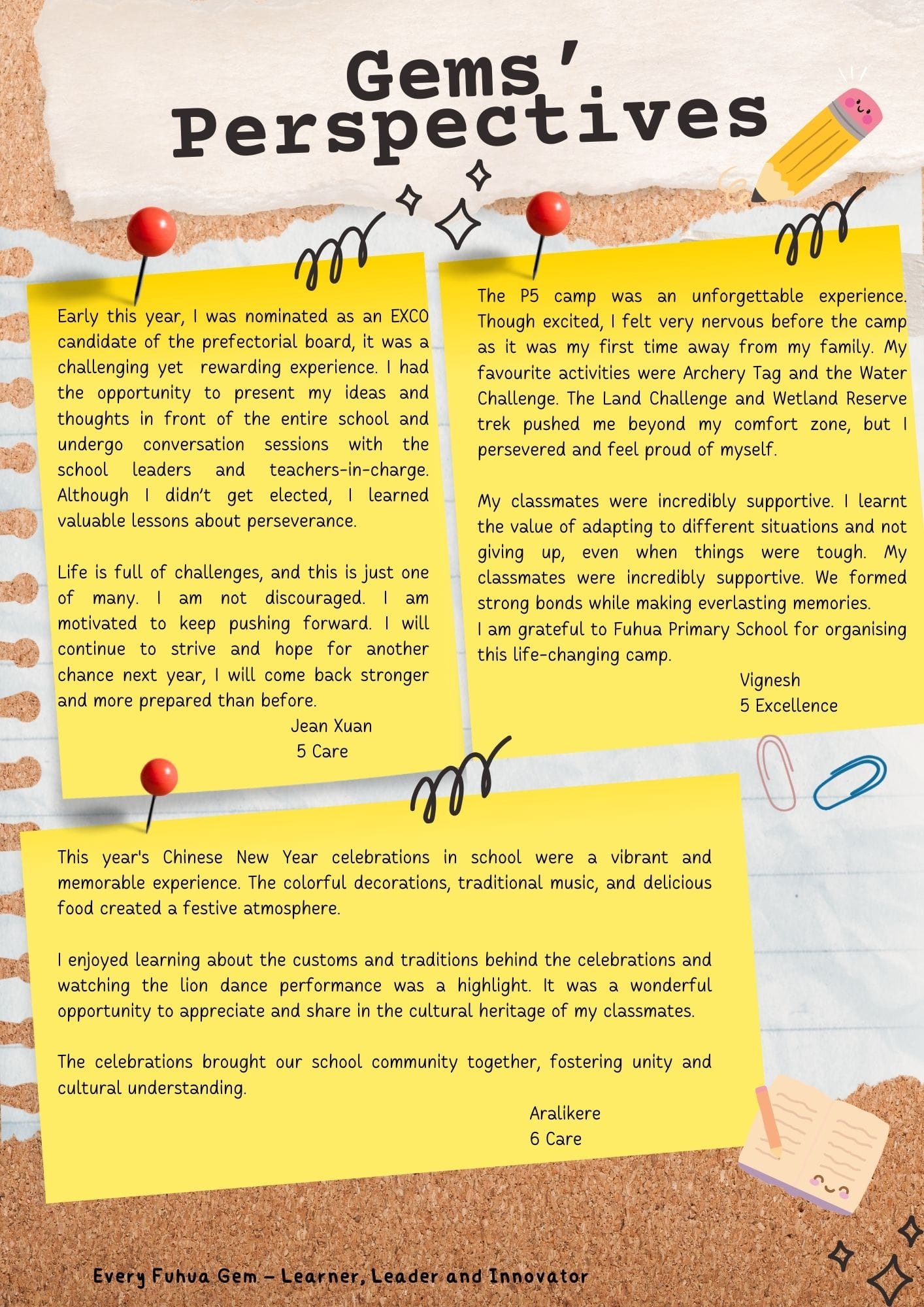 A bulletin board titled Gems Perspectives with three yellow sticky notes containing student reflections pinned with red thumbtacks.