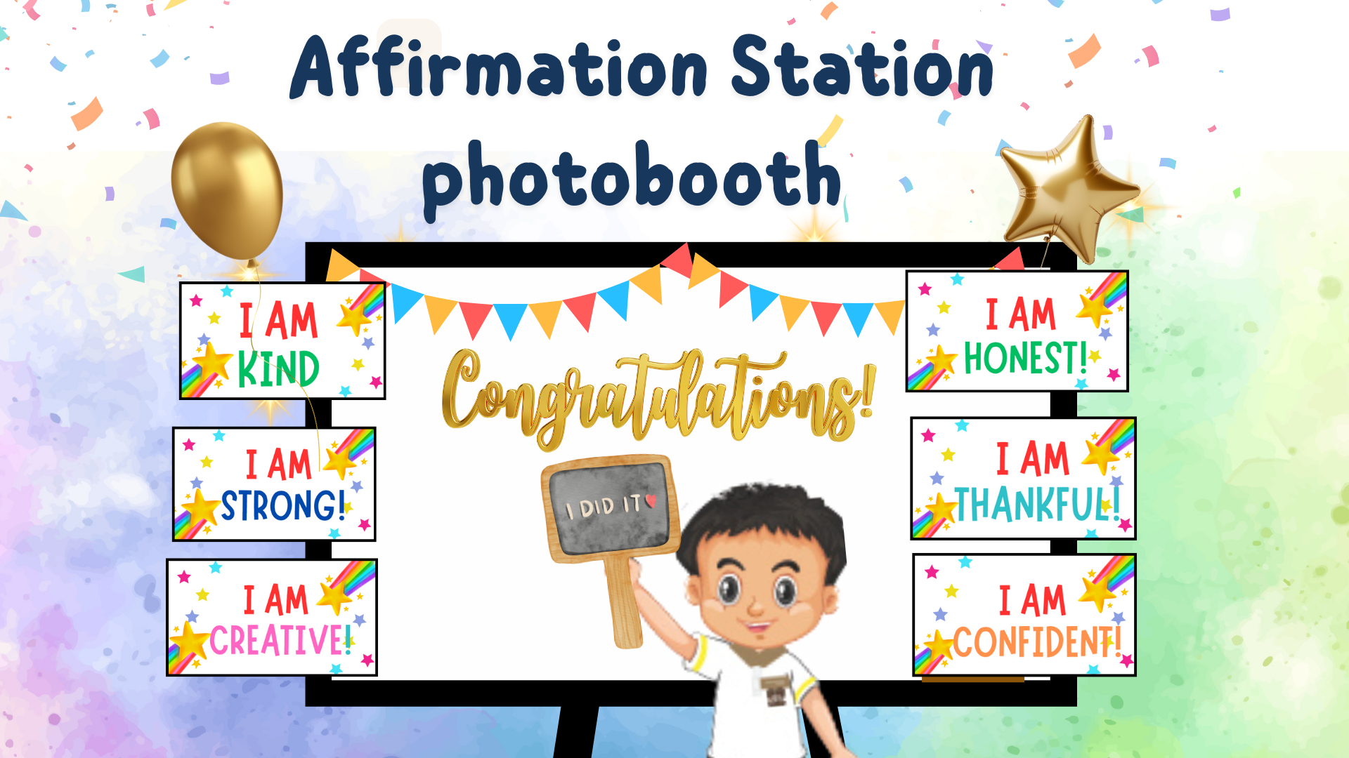 Colorful Affirmation Station photobooth display with a cartoon boy holding an "I Did It" sign and positive affirmation cards.