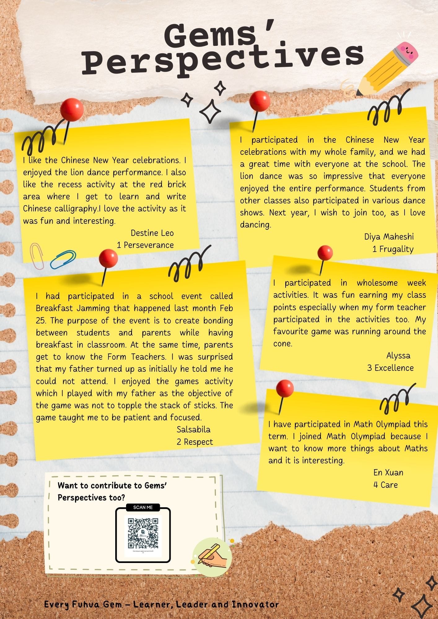 A bulletin board titled Gems Perspectives with yellow sticky notes pinned by red thumbtacks containing student quotes and a QR code.