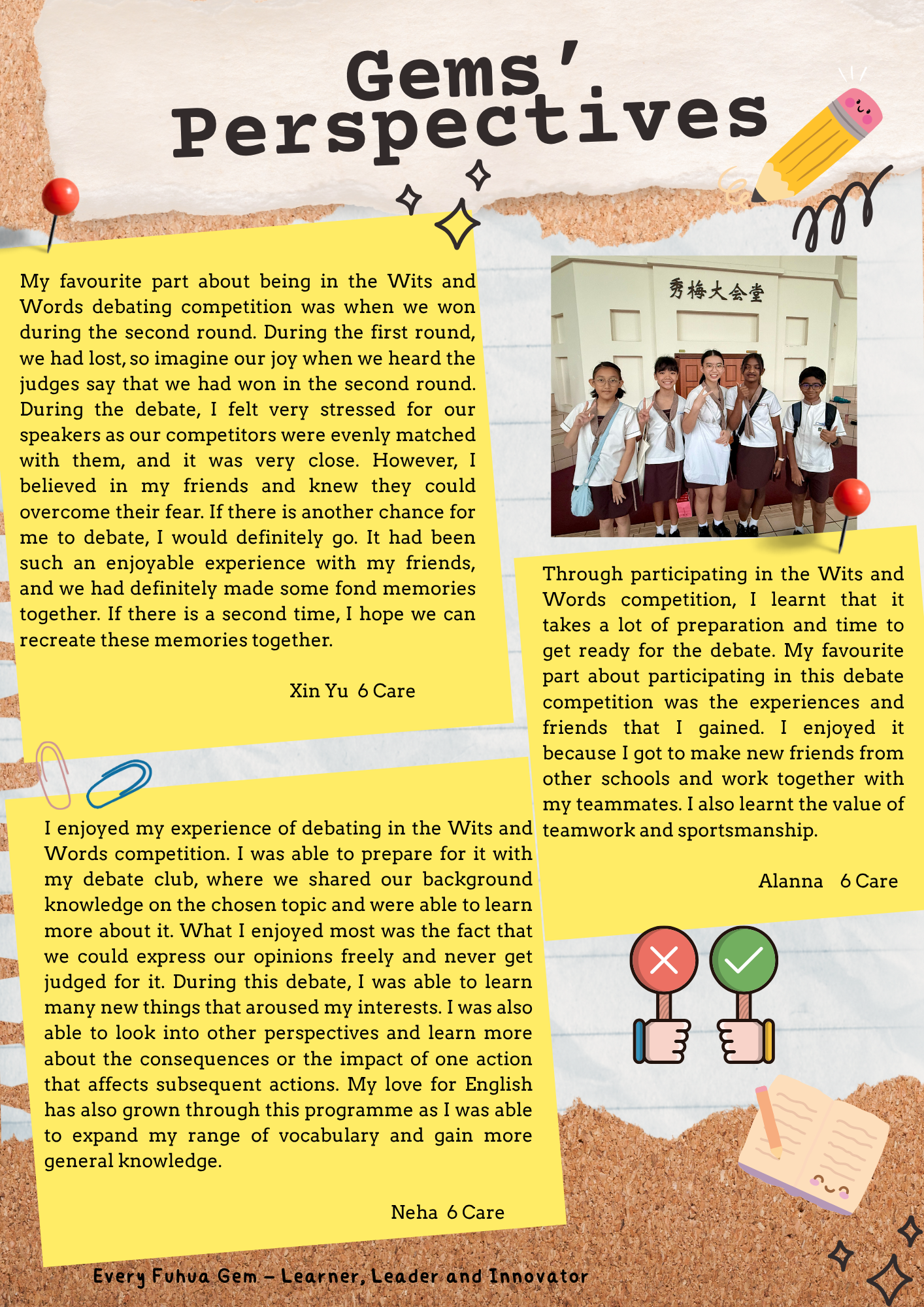Newsletter titled Gems Perspectives with student quotes about a debate competition and a group photo of five students.