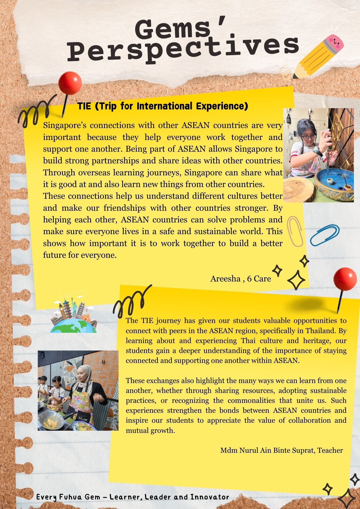 Newsletter titled Gems Perspectives about a Trip for International Experience, featuring student and teacher reflections on ASEAN connections.