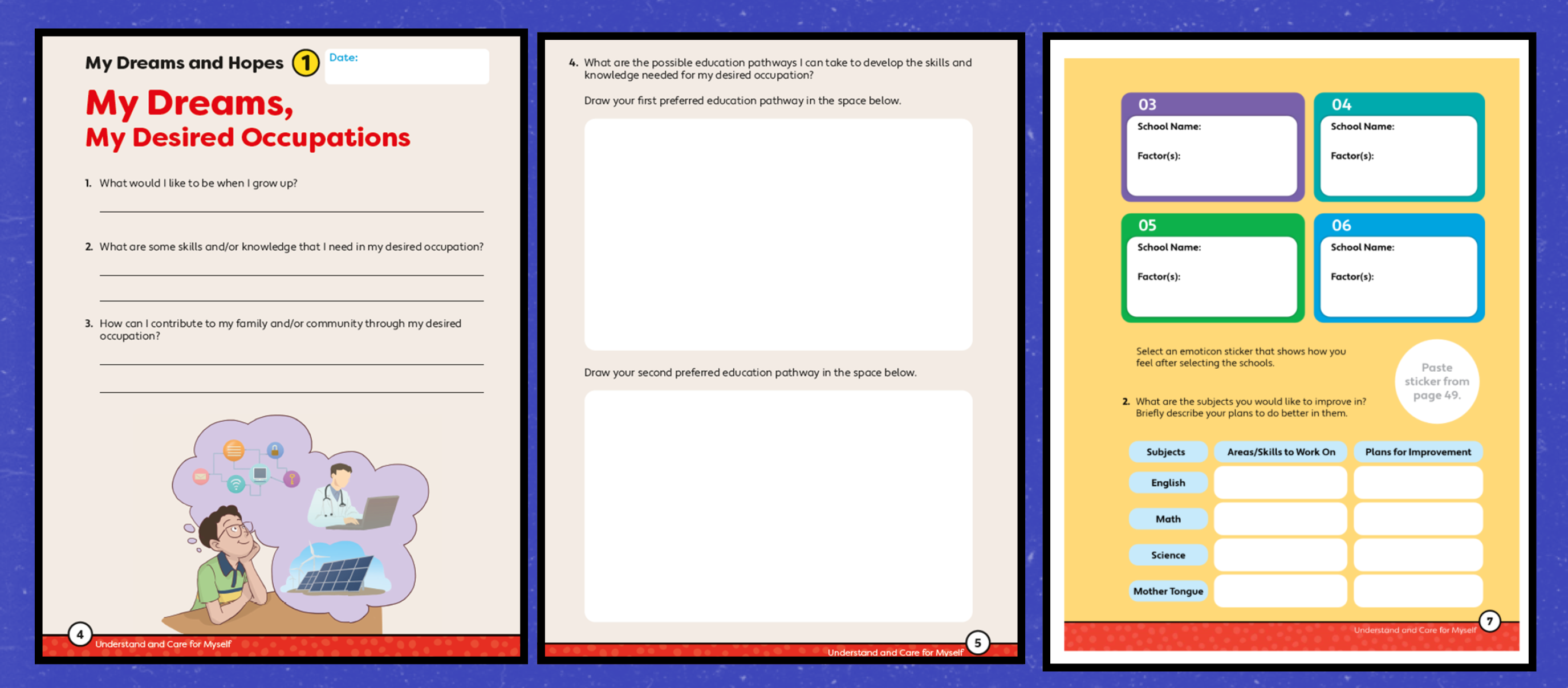 Three worksheet pages about dreams, desired occupations, education pathways, and school selection for students.