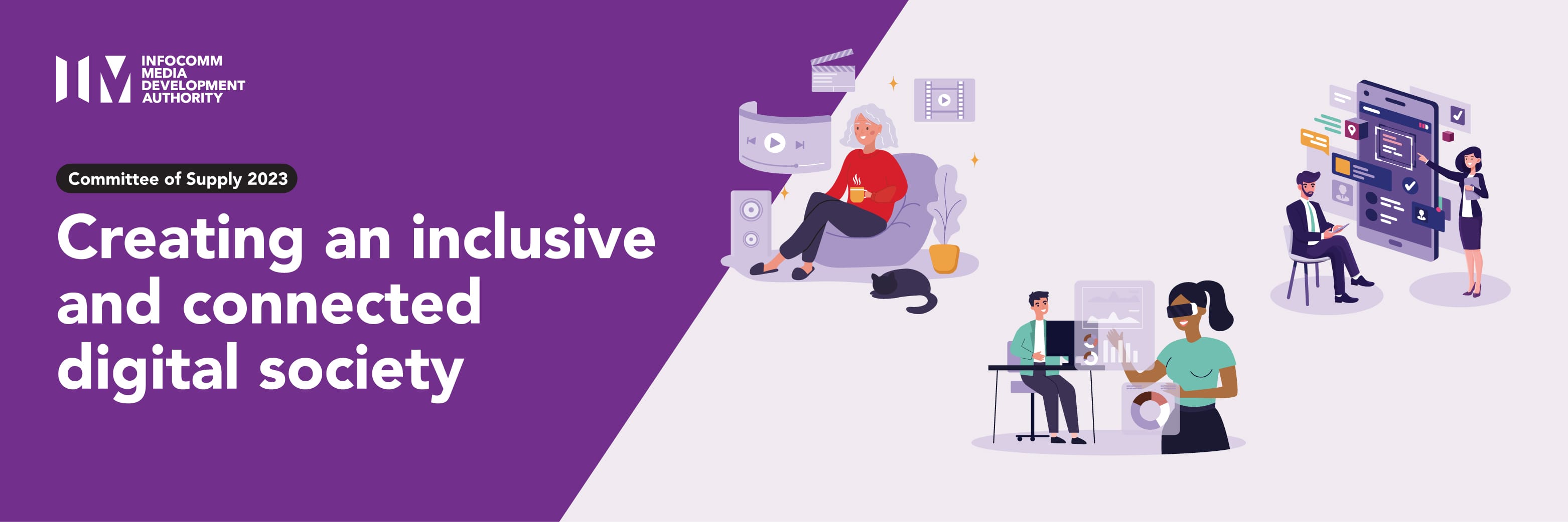 IMDA banner reading "Creating an inclusive and connected digital society" with illustrations of people using technology.