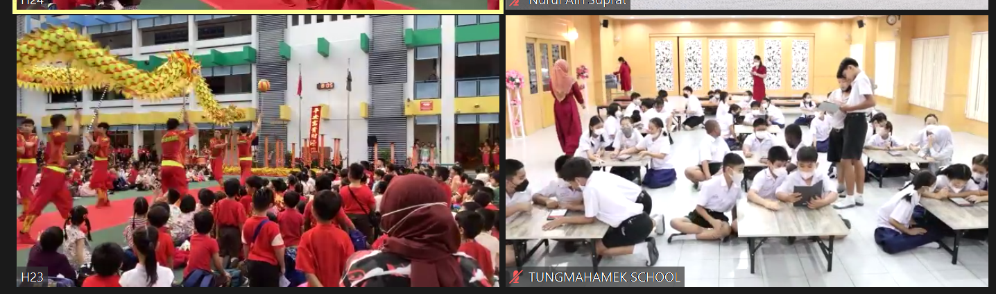 Split screen showing a dragon dance performance with children watching on left, and masked students at desks in a classroom on right.