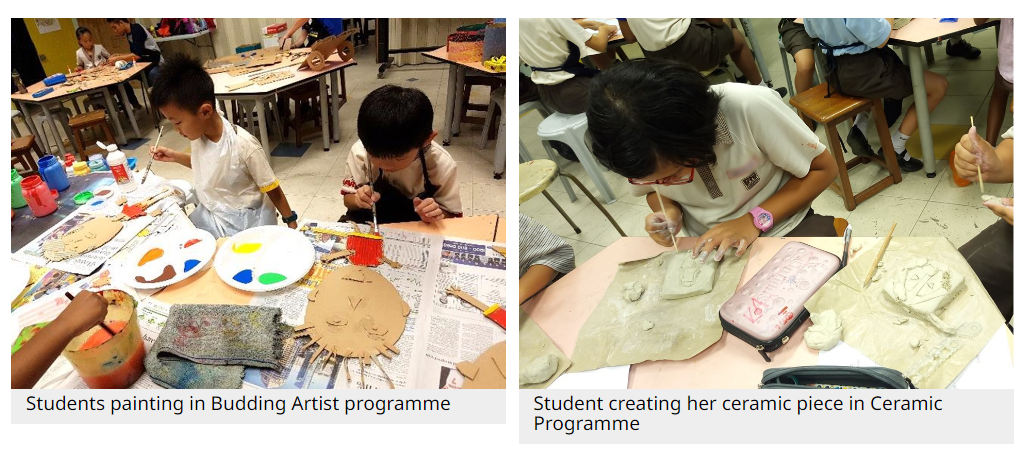 Two school scenes: children painting with colorful palettes, and a girl sculpting a clay ceramic piece at a desk.