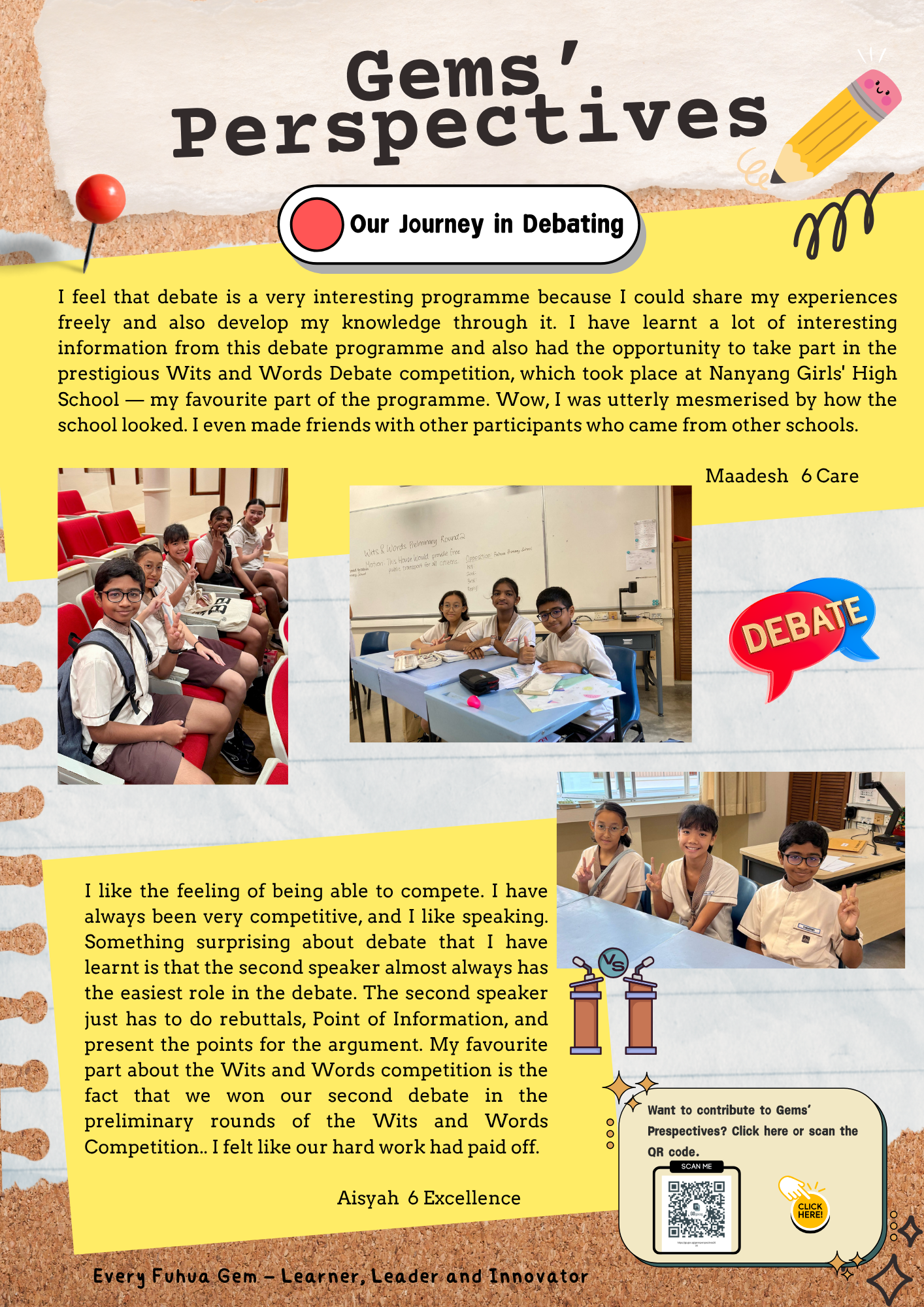 School newsletter titled Gems Perspectives about students debating, with three photos of uniformed children at a competition.