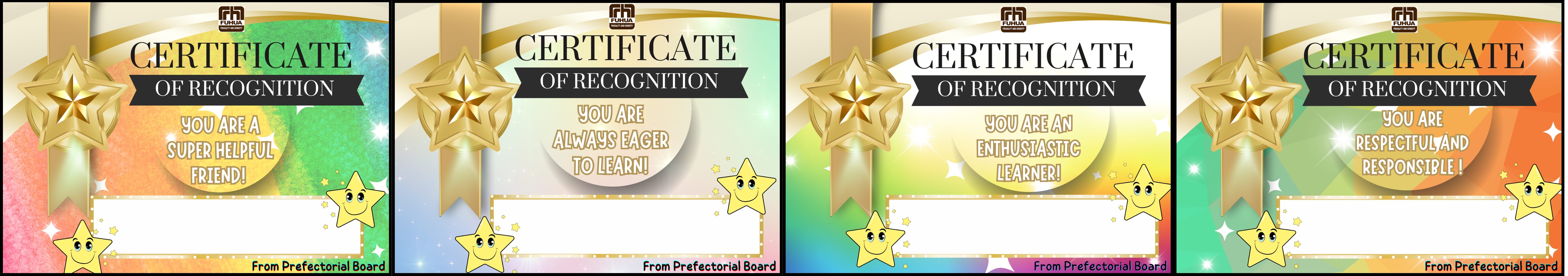 Four colorful Certificates of Recognition with gold stars, each praising helpful, eager, enthusiastic, and respectful traits.