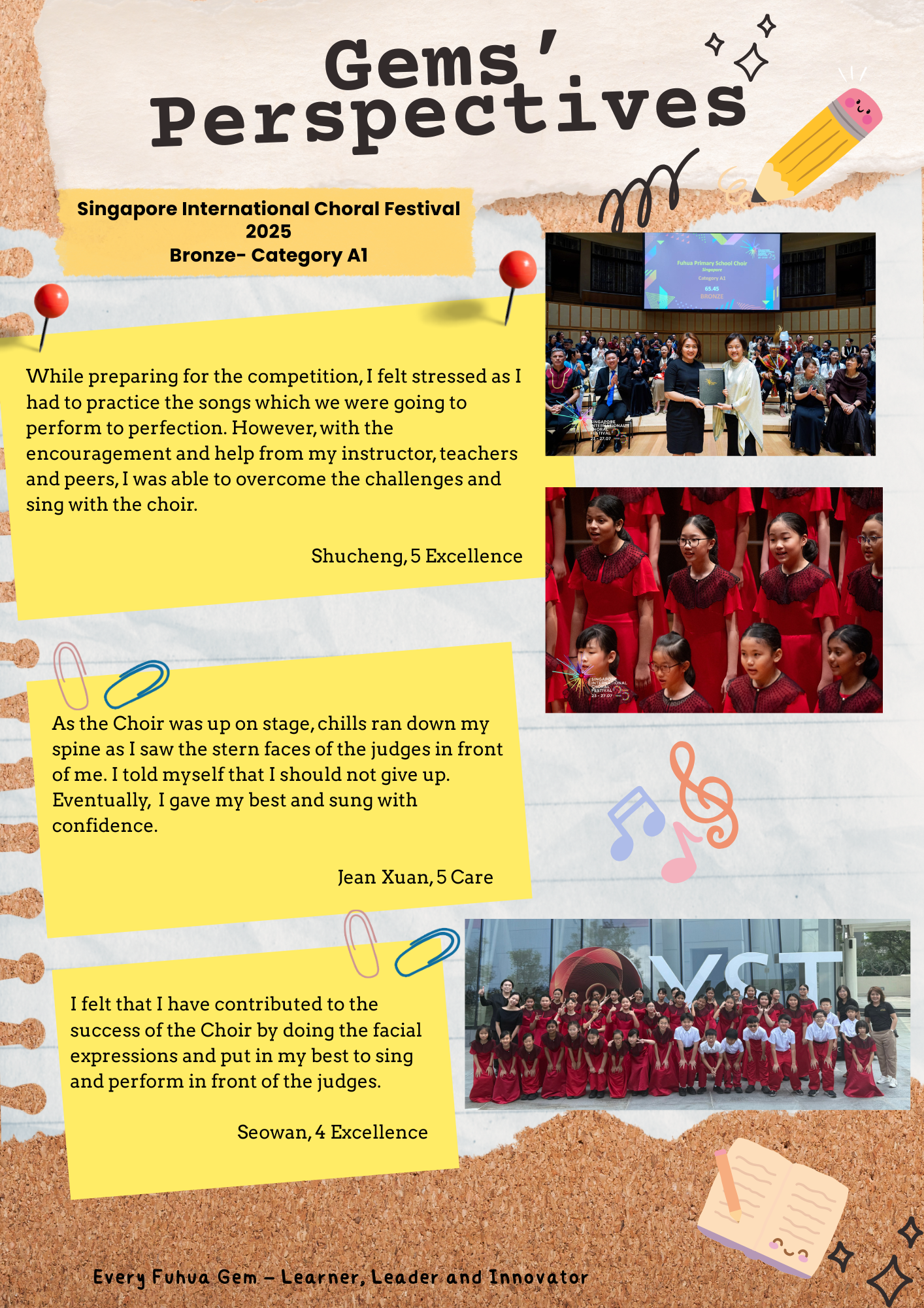 Flyer titled Gems Perspectives featuring student quotes and photos from Singapore International Choral Festival 2025 Bronze win.