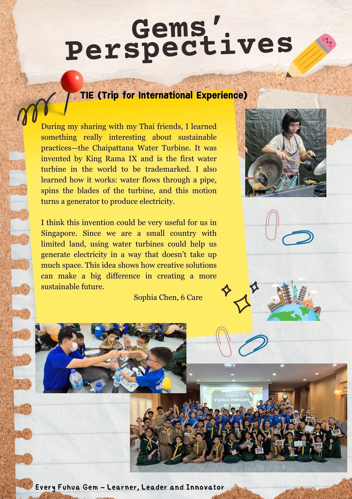School newsletter page titled Gems Perspectives featuring student writing about a Thailand trip with three photos of children.
