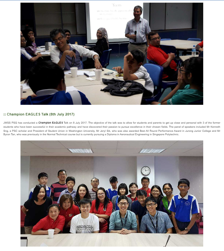 A group of students and adults gathered in a classroom for a talk, with a second photo showing a group posing together.