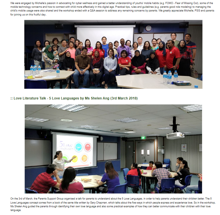 A group photo of workshop attendees and a presenter speaking about 5 Love Languages to seated participants in a classroom.