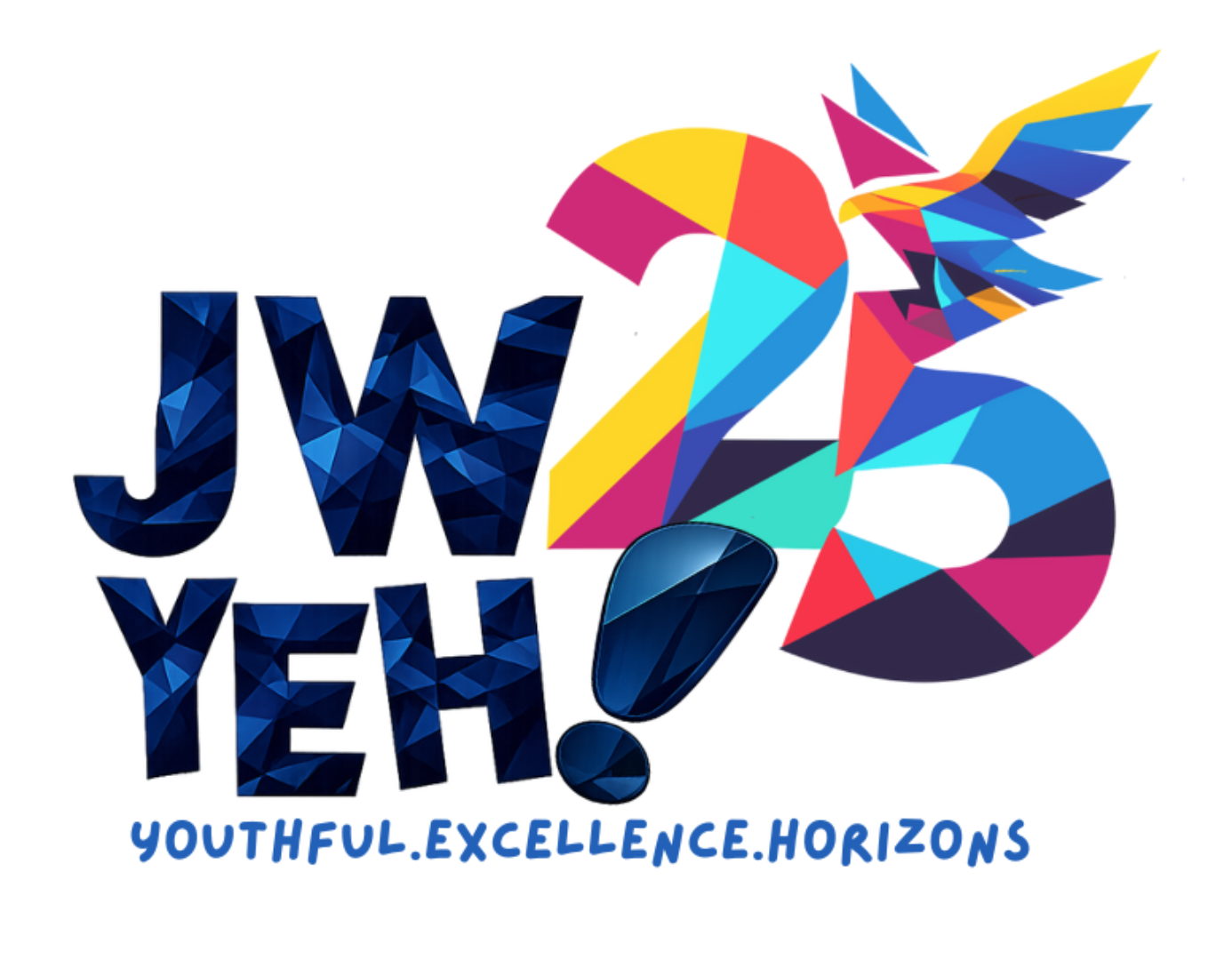 Colorful geometric design reading JW25 YEH with a multicolored flying bird and text Youthful Excellence Horizons.