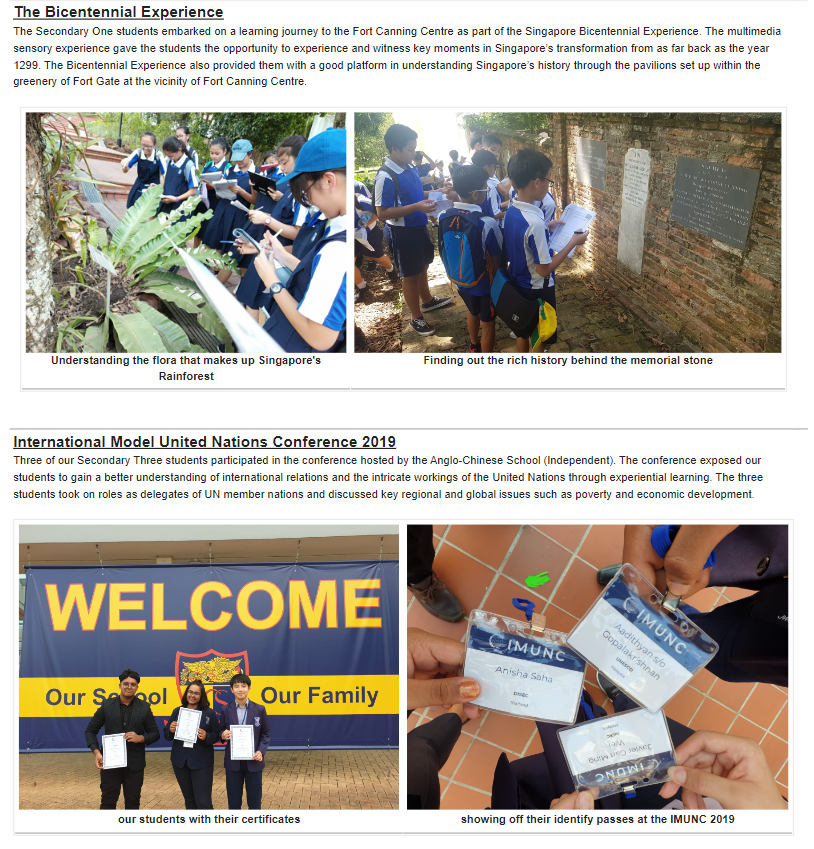 Students on a school trip examining plants and a memorial stone, and three students holding certificates at IMUNC 2019.