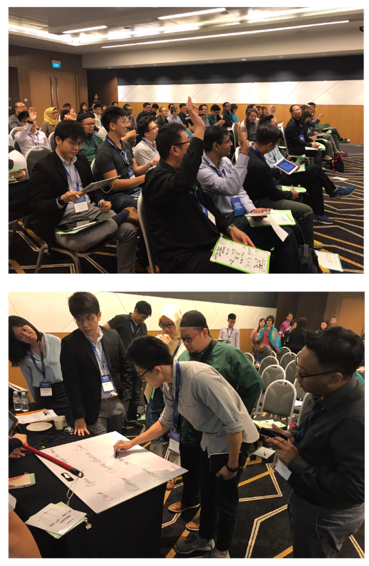 A conference room with attendees raising hands while seated, and below, participants writing on a large paper on a table.