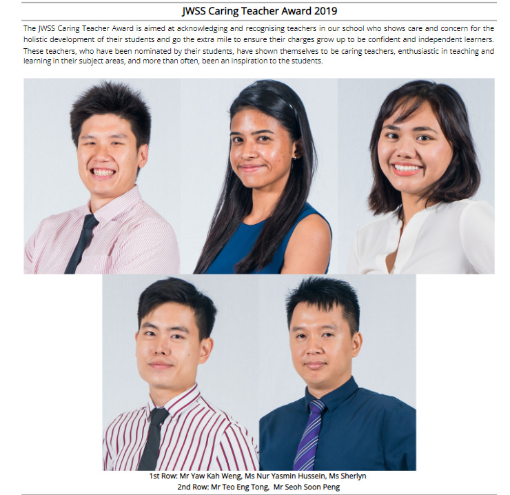 Five portrait photos of JWSS Caring Teacher Award 2019 recipients, three in top row and two in bottom row.