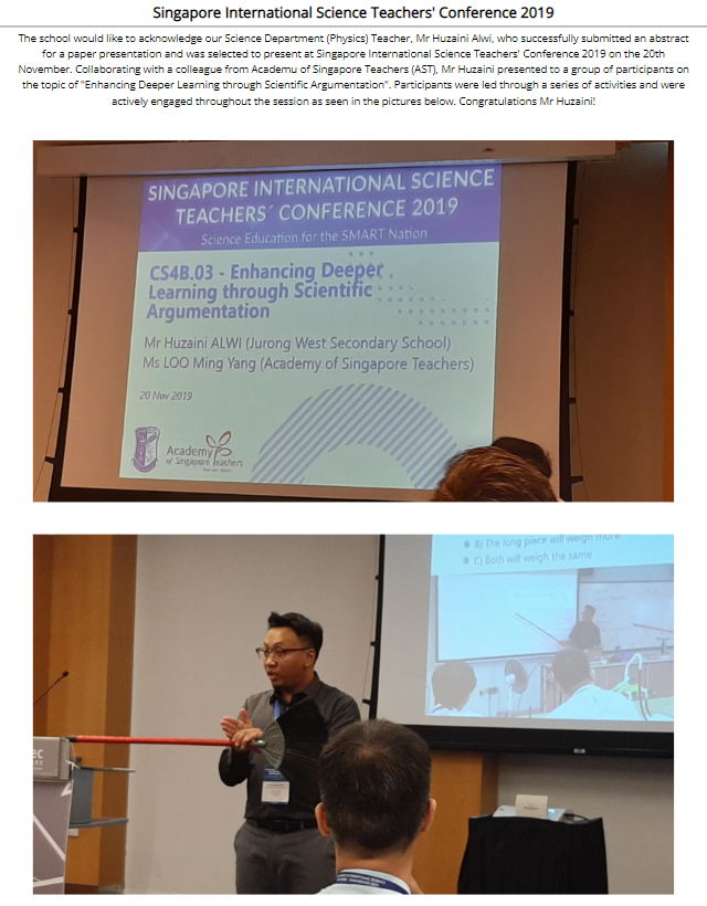 A presenter speaks at Singapore International Science Teachers' Conference 2019, with a slide about scientific argumentation on screen.