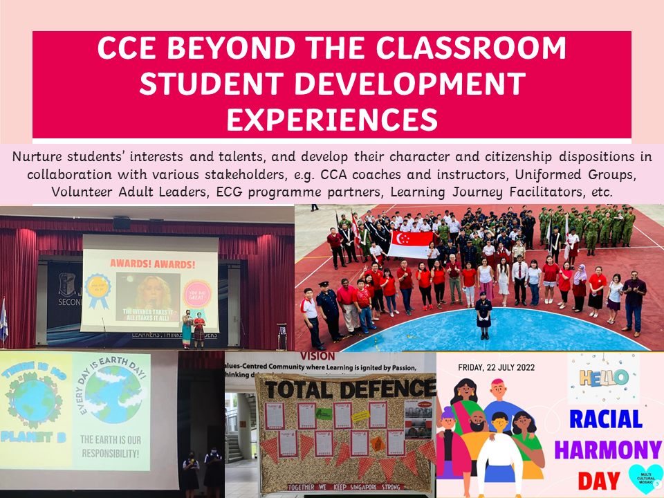 Flyer showing CCE student development experiences with photos of award ceremony, flag parade, Earth Day, Total Defence, and Racial Harmony Day.