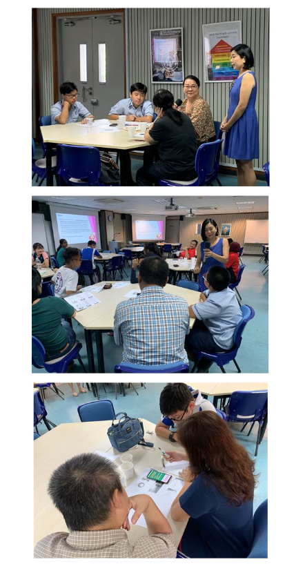 Three photos of people seated at tables in a classroom setting, engaged in group discussions with papers and a projector screen.