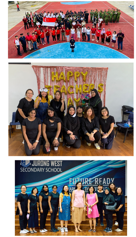 Three school event photos: a flag ceremony group, a Happy Teachers Day balloon backdrop group, and a Jurong West Secondary School staff photo.