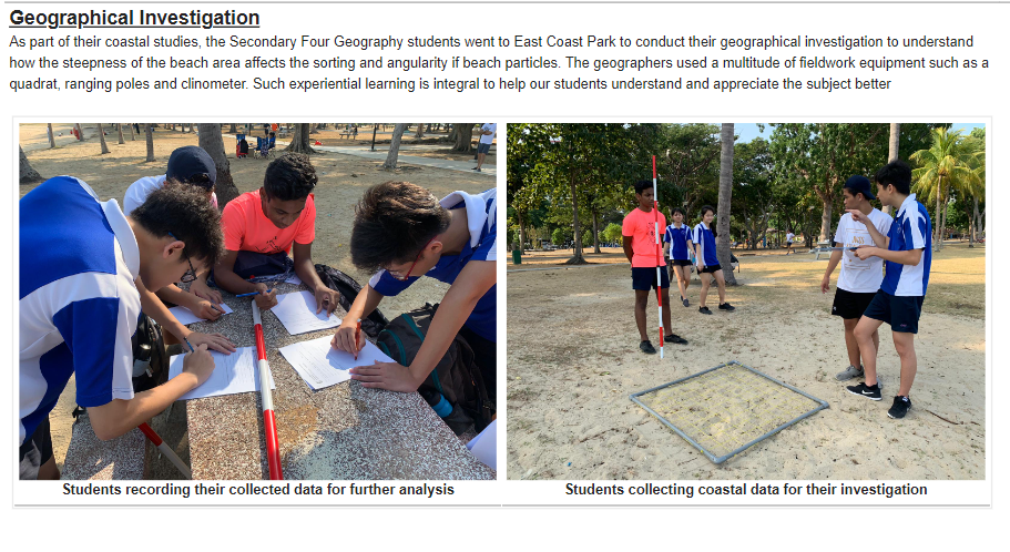 Students conducting a coastal geography fieldwork investigation at a beach park, recording data and using ranging poles.