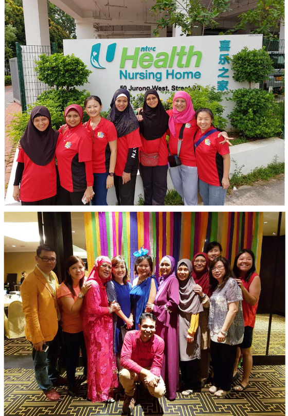 Group of women posing by NTUC Health Nursing Home sign above; colorful group photo indoors below.