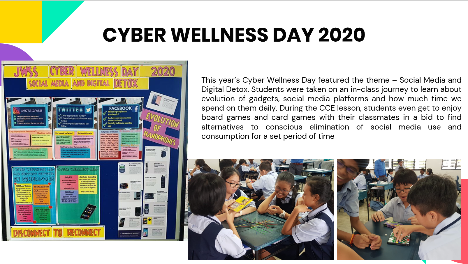Students in school uniforms play board games during Cyber Wellness Day 2020, beside an informational poster about digital detox.