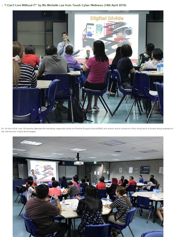 A speaker presents a Digital Divide slideshow to a room of seated adults during a cyber wellness workshop.