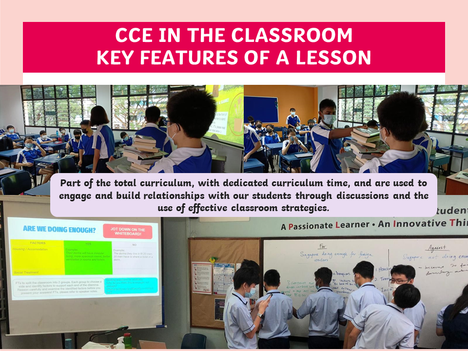 Students in blue uniforms attend CCE classroom lessons with projected slides and whiteboard group discussions.
