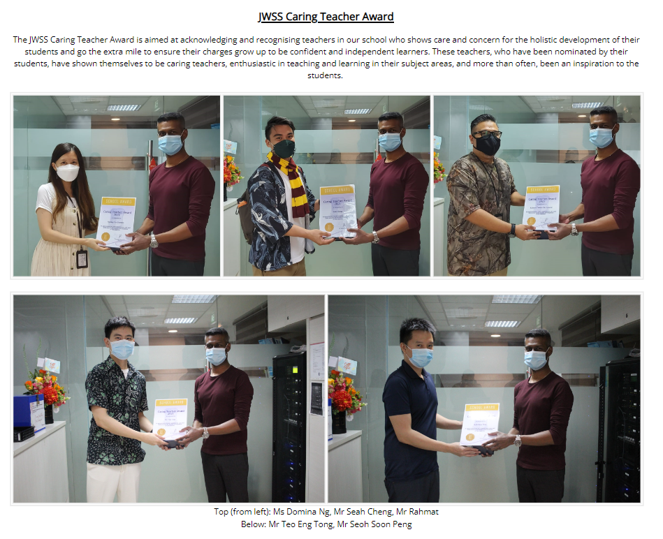 Five masked teachers receiving JWSS Caring Teacher Award certificates in pairs across five separate indoor photos.