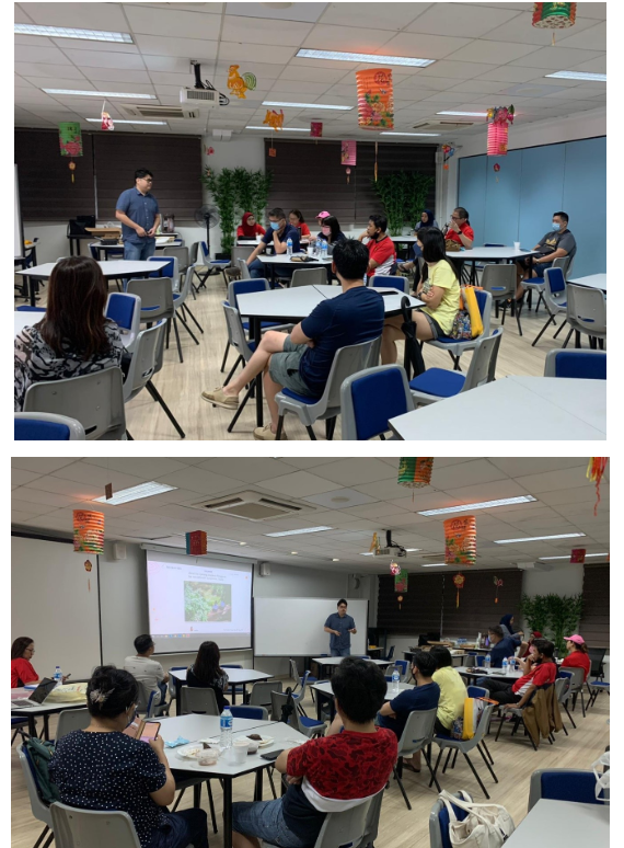Two photos of a decorated classroom where a presenter addresses seated attendees during a small group session.