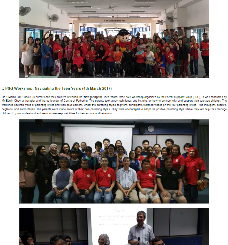 Large group of parents and children posing indoors at a PSG workshop on navigating teen years in 2017.