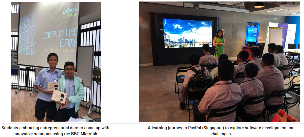 Two boys hold a BBC Micro:bit device; students attend a PayPal Singapore talk with a presenter before a large screen.