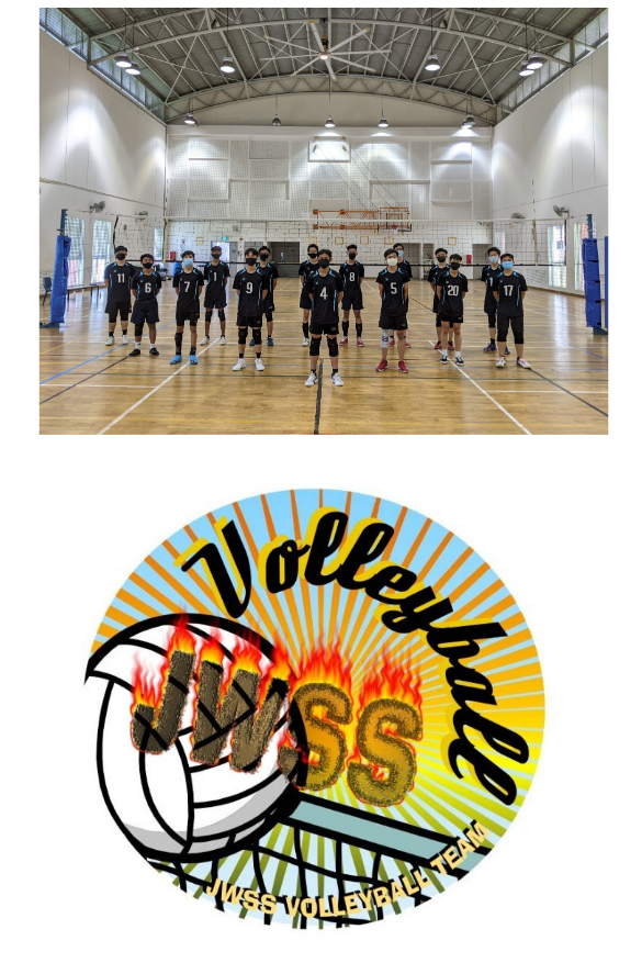 Masked volleyball team in black uniforms stands in gym; below, circular Volleyball IWSS emblem with flames.