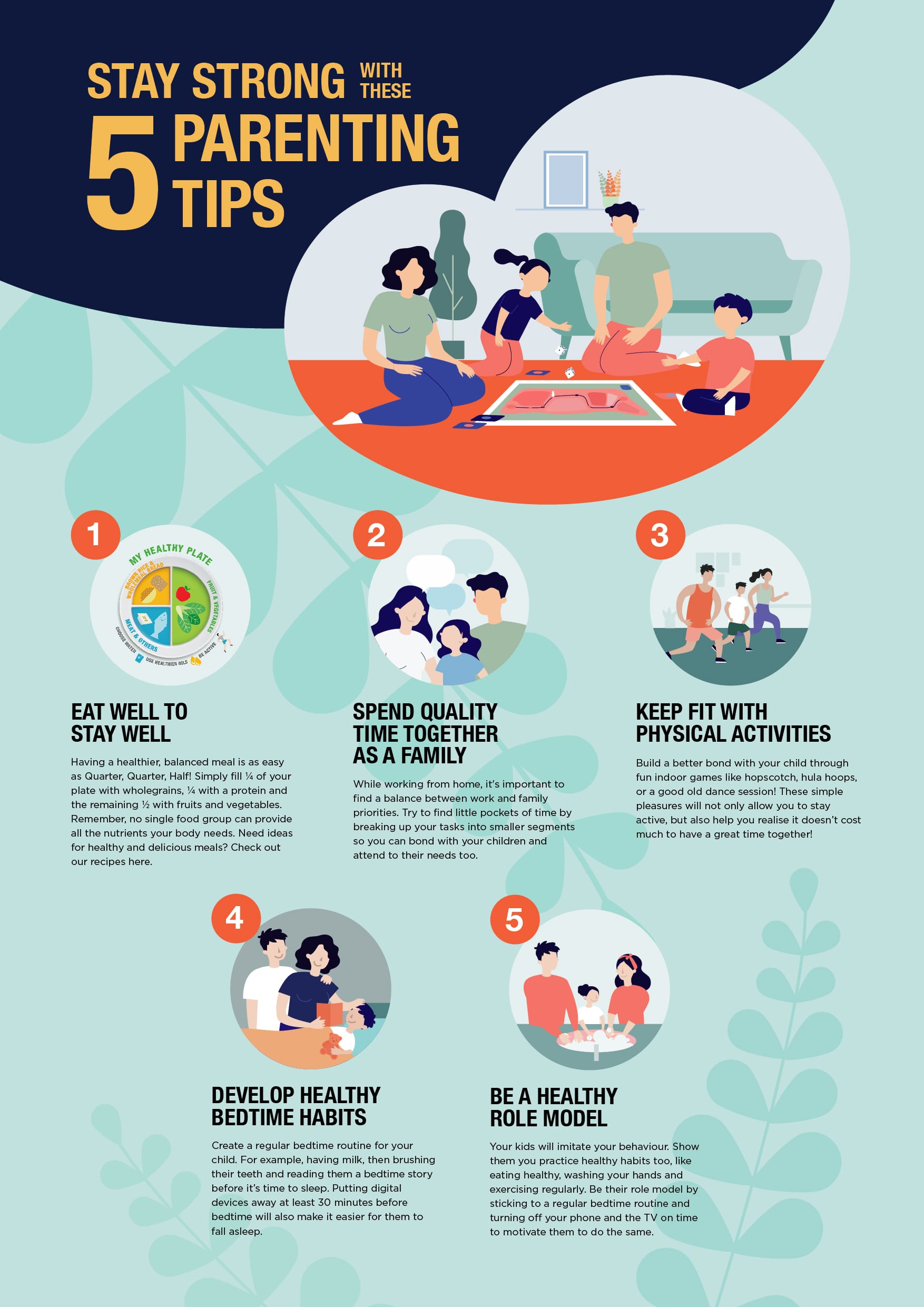 Infographic titled Stay Strong with These 5 Parenting Tips covering eating well, family time, fitness, bedtime habits, and role modeling.
