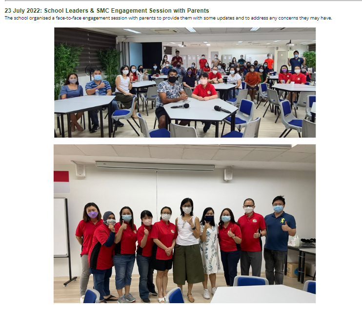 Two photos of a school parent engagement session showing masked attendees seated in a room and staff posing together.