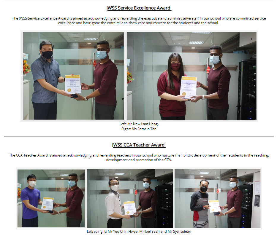 Five masked individuals receive JWSS Service Excellence and CCA Teacher Award certificates in separate photo pairs and triplets.