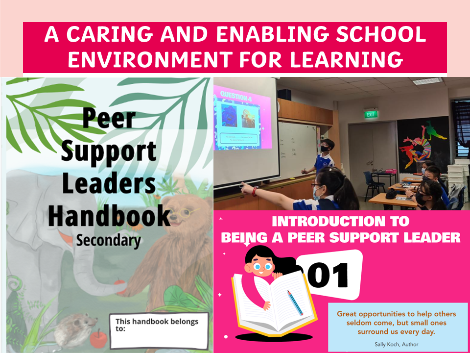 Poster about a caring school environment showing a Peer Support Leaders Handbook and students in a classroom.