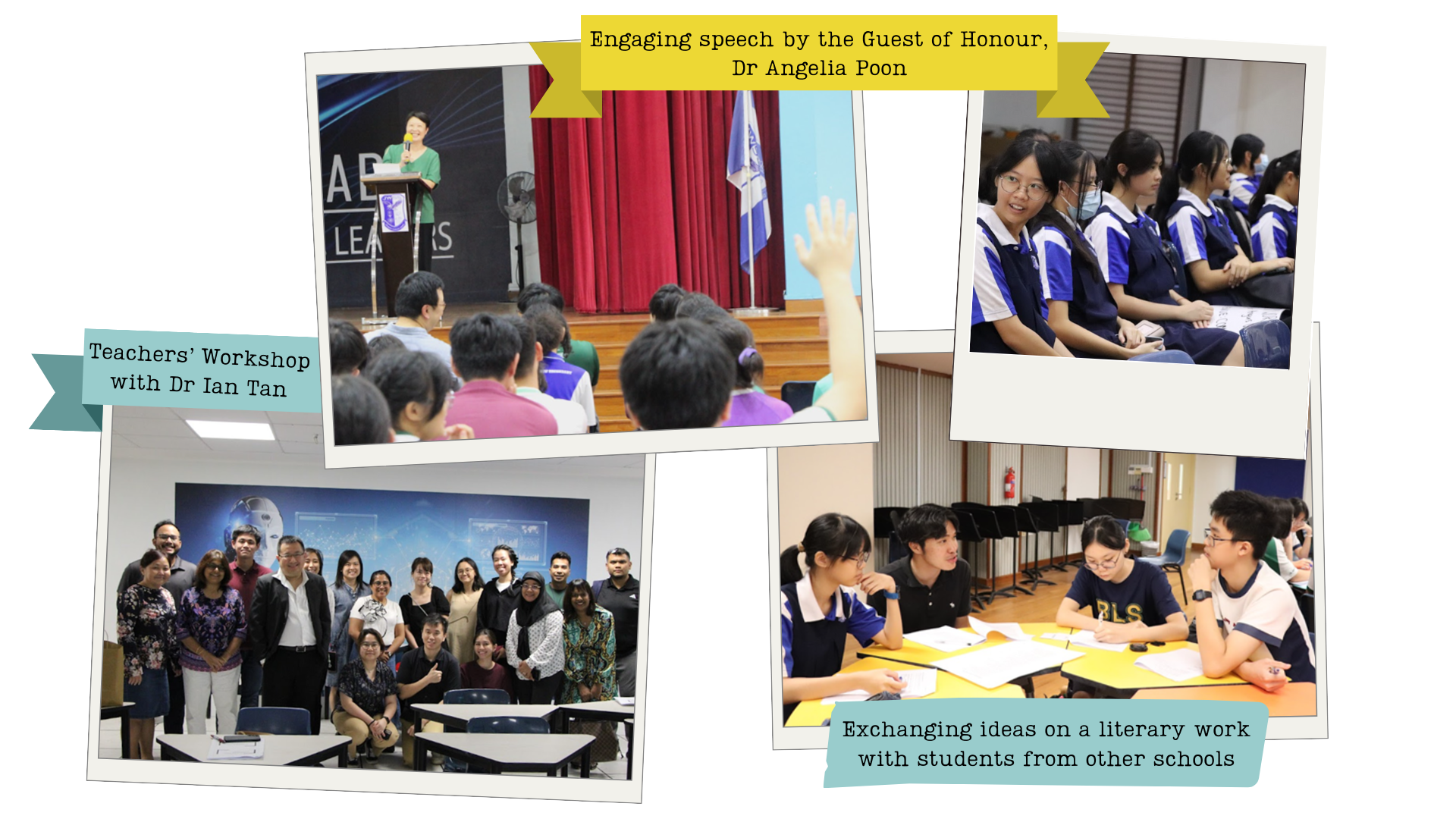 Four polaroid-style photos show a school event with a speaker on stage, seated students, a teacher group photo, and students discussing at tables.