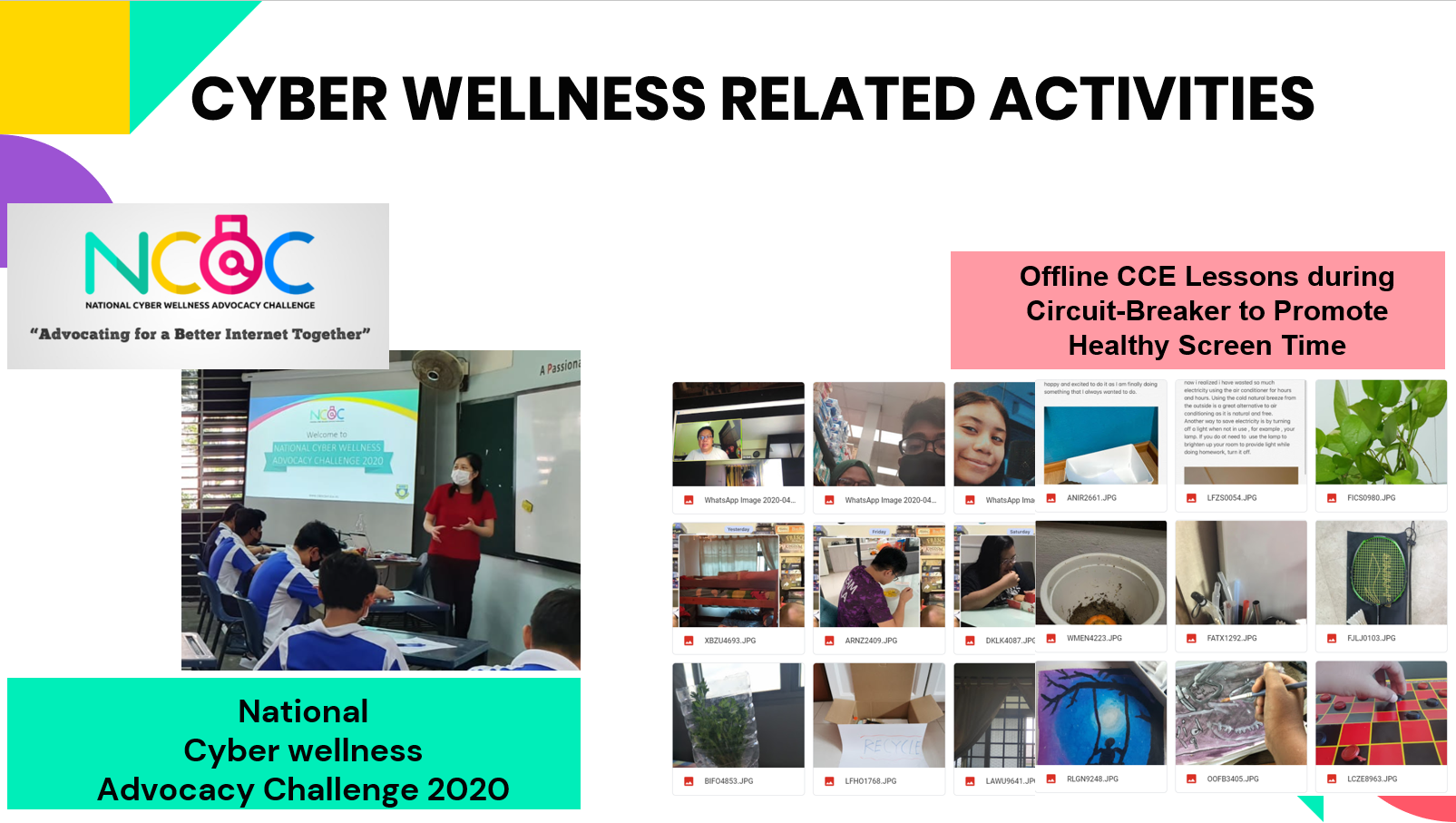 Slide titled Cyber Wellness Related Activities showing NCAC 2020 classroom presentation and offline CCE lesson photos.